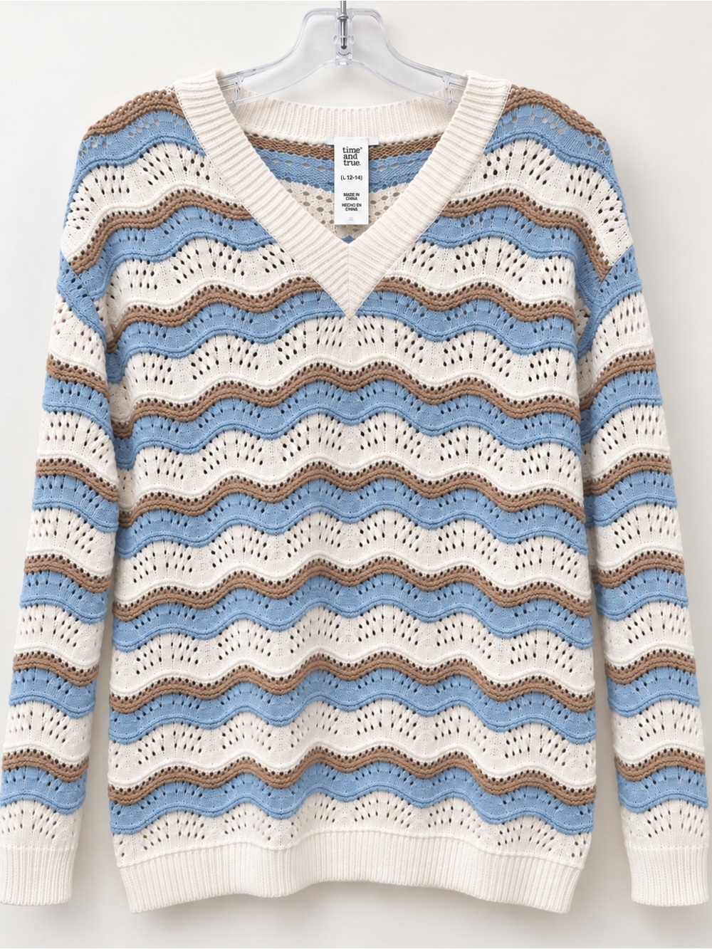 V-Neck Open Knit Wave Stripe Cotton Sweater L